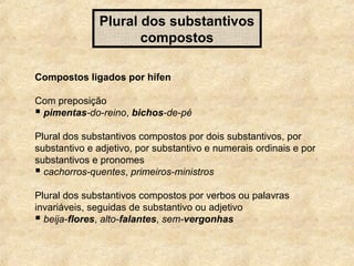 Plural dos substantivos
compostos
Compostos ligados por hífen
Com preposição
 pimentas-do-reino, bichos-de-pé
Plural dos substantivos compostos por dois substantivos, por
substantivo e adjetivo, por substantivo e numerais ordinais e por
substantivos e pronomes
 cachorros-quentes, primeiros-ministros
Plural dos substantivos compostos por verbos ou palavras
invariáveis, seguidas de substantivo ou adjetivo
 beija-flores, alto-falantes, sem-vergonhas

 