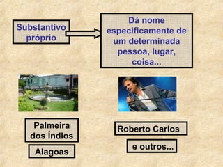 Substantivo
próprio

Palmeira
dos Índios
Alagoas

Dá nome
especificamente de
um determinada
pessoa, lugar,
coisa...

Roberto Carlos
e outros...

 