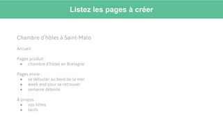 Listez les pages à créer
Chambre d’hôtes à Saint-Malo
Accueil
Pages produit :
● chambre d’hôtes en Bretagne
Pages envie :
● se défouler au bord de la mer
● week end pour se retrouver
● semaine détente
À propos :
● vos hôtes
● tarifs
 