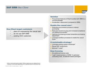SAP SRM One Client



                                                                                                      Solution
                                                                                                       Procurement features of Ehp4 bundled with SRM in a
                                                                                                       concise package
                                                                                                       Accelerated deployment (compared to SRM)

                                                                                                      Enable the casual user !
                                                                                                       Extending procurement process to indirect
  One-Client target customers                                                                          purchasing
       … plans for empowering the casual user                                                          Reduced maverick buying and increased compliance
                                                                                                       via catalog procurement
       … do not use SAP SRM                                                                            Optimize purchasing process/ streamline purchasing
       … existing ECC customers                                                                        department
                                                                                                       Leverage workflow processes to enable the casual
                                                                                                       buyer

                                                                                                      A sustainable strategy !
                                                                                                       Leverage existing system landscape*
                                                                                                       Reuse SAP components
                                                                                                       Minimal IT costs*

                                                                                                      Easy licensing
                                                                                                       No additional license costs
                                                                                                       “Light” implementation of SRM     optimized
                                                                                                       consulting costs, accelerator based packages



  * SRM user based pricing should be clarified (>5000 user migration may incur additional licenses)
  * Landscape Costs may include additional app servers requirements based on overall system set-up

© SAP AG 2009. All rights reserved. / Page 27
 
