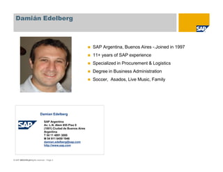Damián Edelberg



                                                                 SAP Argentina, Buenos Aires -.Joined in 1997
                                                                 11+ years of SAP experience
                                                                 Specialized in Procurement & Logistics
                                                                 Degree in Business Administration
                                                                 Soccer, Asados, Live Music, Family




                             Damian Edelberg

                                 SAP Argentina
                                 Av. L.N. Alem 855 Piso 9
                                 (1001) Ciudad de Buenos Aires
                                 Argentina
                                 T 54 11 4891 3000
                                 M 54 911 6459 1946
                                 damian.edelberg@sap.com
                                 http://www.sap.com




© SAP AG 2009. All3
      2009 / Page rights reserved. / Page 3
 