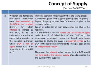 Concept of Supply
[Section 7 of CGST Act]
2 Whether the temporary
short-term transaction
based loan extended by
the DCA to the recipient
(buyer), for which
interest is charged by
the DCA, is to be
included in the value of
goods being supplied by
the supplier (principal)
where DCA is not an
agent under Para 3 of
Schedule I of the CGST
Act?
In such a scenario, following activities are taking place:
1. Supply of goods from supplier (principal) to recipient;
Supply of agency services from DCA to the supplier or the
recipient or both;
Supply of extension of loan services by the DCA to the
recipient.
It is clarified that in cases where the DCA is not an agent
under Para 3 of Schedule I of the CGST Act, the
temporary short-term transaction based loan being
provided by DCA to the buyer is a supply of service by the
DCA to the recipient on Principal to Principal basis and is
an independent supply.
Therefore, the interest being charged by the DCA would
not form part of the value of supply of goods supplied (to
the buyer) by the supplier.
CA. Dr. Prithvi Ranjan Parhi 100
 