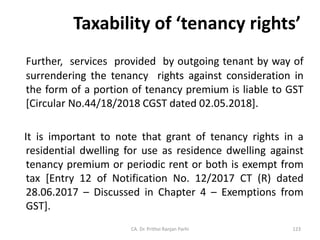 Taxability of ‘tenancy rights’
Further, services provided by outgoing tenant by way of
surrendering the tenancy rights against consideration in
the form of a portion of tenancy premium is liable to GST
[Circular No.44/18/2018 CGST dated 02.05.2018].
It is important to note that grant of tenancy rights in a
residential dwelling for use as residence dwelling against
tenancy premium or periodic rent or both is exempt from
tax [Entry 12 of Notification No. 12/2017 CT (R) dated
28.06.2017 – Discussed in Chapter 4 – Exemptions from
GST].
CA. Dr. Prithvi Ranjan Parhi 123
 
