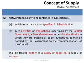 Concept of Supply
[Section 7 of CGST Act]
(2) Notwithstanding anything contained in sub-section (1),
(a) activities or transactions specified in Schedule III; or
(b) such activities or transactions undertaken by the Central
Government, a State Government or any local authority in
which they are engaged as public authorities, as may be
notified by the Government on the recommendations of
the Council
shall be treated neither as a supply of goods nor a supply of
services.
CA. Dr. Prithvi Ranjan Parhi 35
 