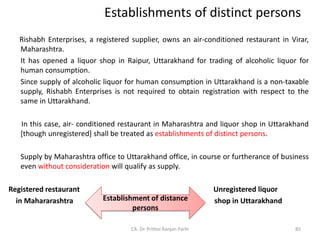 Establishments of distinct persons
Rishabh Enterprises, a registered supplier, owns an air-conditioned restaurant in Virar,
Maharashtra.
It has opened a liquor shop in Raipur, Uttarakhand for trading of alcoholic liquor for
human consumption.
Since supply of alcoholic liquor for human consumption in Uttarakhand is a non-taxable
supply, Rishabh Enterprises is not required to obtain registration with respect to the
same in Uttarakhand.
In this case, air- conditioned restaurant in Maharashtra and liquor shop in Uttarakhand
[though unregistered] shall be treated as establishments of distinct persons.
Supply by Maharashtra office to Uttarakhand office, in course or furtherance of business
even without consideration will qualify as supply.
Registered restaurant Unregistered liquor
in Mahararashtra shop in Uttarakhand
CA. Dr. Prithvi Ranjan Parhi
Establishment of distance
persons
85
 