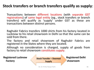 Stock transfers or branch transfers qualify as supply:
Transactions between different locations (with separate GST
registrations) of same legal entity (eg., stock transfers or branch
transfers) will qualify as ‘supply’ under GST as these are
transactions between distinct persons.
Raghubir Fabrics transfers 1000 shirts from his factory located in
Lucknow to his retail showroom in Delhi so that the same can be
sold from there.
The factory and retail showroom of Raghubir Fabrics are
registered in the States where they are located.
Although no consideration is charged, supply of goods from
factory to retail showroom constitutes supply.
Registered Lucknow Registered Delhi
Factory showroom
CA. Dr. Prithvi Ranjan Parhi
Stock Transfer – Deemed
Supply
86
 
