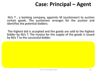 Case: Principal – Agent
M/s T , a banking company, appoints M (auctioneer) to auction
certain goods. The auctioneer arranges for the auction and
identifies the potential bidders.
The highest bid is accepted and the goods are sold to the highest
bidder by M/s T. The invoice for the supply of the goods is issued
by M/s T to the successful bidder.
In this scenario, the auctioneer is merely providing the
auctioneering services with no role played in the supply of the
goods.
Even in this scenario, M is not an agent of M/s T for the supply of
goods in terms of Para 3. of Schedule I.
CA. Dr. Prithvi Ranjan Parhi 94
 