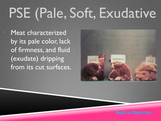 PSE (Pale, Soft, Exudative
• Meat characterized
by its pale color, lack
of firmness, and fluid
(exudate) dripping
from its cut surfaces.
Back to Objectives
 