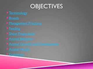 OBJECTIVES
Terminology
Breeds
Management Practices
Feeding
Show Preparation
Animal Behavior
Animal Growth and Development
Animal Health
Evaluation
 