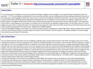 Trailer 2 – Hollyoaks http://www.youtube.com/watch?v=qxociJjpKKo
Verbal Codes –
For this trailer which is Hollyoaks, it has use of soundtrack, Dialogue – diegetic and non-diegetic? “you should have got a better bed, better for
your bed” - ???? The non-diegetic soundtrack that is used connotes that there may be a relationship interference between different characters in
this soap opera as the language of ‘better bed’ may be seen as sexual tension between the different characters. The use of the verbal code “red”
can also connote that something bad has happened or will happen later on in Hollyoaks as the term/colour red ‘signifies’ negative acts such as
death and pain. The diegetic sound of the rain that only circles around one character may connote she may be a bad character in the soap opera,
as this trailer is not just based on one character, it is based on all so all characters are signified in different ways. For this trailer, there isn’t a non-
diegetic voice over that is used for the trailer. This may be the case to give the trailer more of an effect and just the synchronized sound at the end
of the soundtrack playing when the trailer shows ‘ Weekends at 6:30PM Hollyoaks’
There are few diegetic dialogue in this trailer such as when the two characters are playing on a funfair high striker, hitting a hammer and it reaches
a bell, the sound hammer being hit connotes anger and suspicion of the characters from the audience. The diegetic dialogue for the bell ringing,
may connote any warning for the characters.
Non-Verbal Codes –
The non-verbal codes for this trailer is the use of lighting is high key which connotes that everyone in the trailer are happy as they are in a forest
setting which may seem as they are having fun and is similar to a fairytale setting for the characters. This must mean that the soap opera is a good
and happy one. This isn’t an expected element of ‘repetition’ from other soap opera trailers because there is always something that goes wrong.
However, this may mean that there is some sort of irony involved in this trailer as it may show everything going well and suddenly, something bad
happens. Also, the costume for all characters are all nice clothing with animal masks which may be seen as ‘funny masks’, which can connote that
they are having fun, playing together. However, it may be seen as a bad coming to bad terms. Also, in the trailer, all the characters appear to have
happy facial expressions which means they are all having fun together and that the soap opera is a happy one, however, they may not know.
Props such as masks funfair rides all connote happy and fun activities that usually children play on. As Hollyoaks is targeted to a young audience, it
may relate to them as they may be adults but acting like children when it comes to relationships etc.. The trailer itself is a high key lighting which
contain all pastel colours which also connotes happy emotions.
The props for characters in this trailer are ironic Rebecca Feasey (2007). All character roles are costumed to an ironic theme (fairyland) this
connotes that the characters are acting like children, dressing up in costumes which is unlikely for adults. For there being a Mary Go Round
connotes that they are all friends and having fun together, however, it may not be as it seems. The last prop at the end where there are many
lanterns lit, floating away from the characters may connote that something has happened in Hollyoaks such as someone dying and it may be in
commemoration of that character.
 