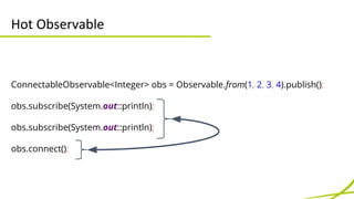 Hot Observable 
ConnectableObservable<Integer> obs = Observable.from(1, 2, 3, 4).publish(); 
obs.connect(); 
Souscription ...