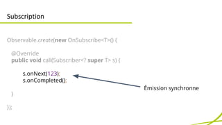 Subscription 
Observable.create(new OnSubscribe<T>() { 
@Override 
public void call(Subscriber<? super T> subscriber) { 
/...