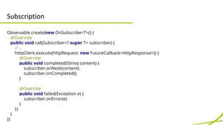 Subscription 
Observable.create(new OnSubscribe<T>() { 
@Override 
public void call(Subscriber<? super T> subscriber) { 
/...