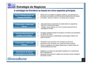 Estratégia do Negócios
A estratégia da Grendene se baseia em cinco aspectos principais.
                           Manter foco na criação de calçados sintéticos, com processo de
 Foco na Modernização de   produção automatizado, permitindo ganhos significativos de escala
   Calçados Sintéticos     Consolidar, valorizar e difundir o uso deste tipo de calçado



                            Alto potencial de crescimento de market share nos segmentos
 Crescimento no Mercado     feminino e consumo de massa
         Interno            Fidelizar nossos clientes com uma consultoria permanente na
                            estratégia de vendas


                           Inovação constante focada em produtos e conceitos que expressem
 Contínua Renovação do     os valores da marca
  portfolio de Produtos    Produtos associados a celebridades e personagens infantis com
                           apelo emocional


                           Intensificar nossa presença nos mercados que atuamos
 Crescimento no Mercado    Identificar novos mercados com o perfil de nossos produtos
        Externo            Preços competitivos com design diferenciado e sempre atento às
                           novas tendências da moda


                           Agilidade no aumento da capacidade instalada com investimentos
  Crescimento de Nossa     pouco significativos
 Capacidade de Produção    Expansão fabril focada em regiões que permitam manter vantagens
                           de escala e custos


                                                                                               15
 