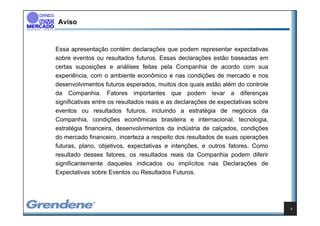 Aviso


Essa apresentação contém declarações que podem representar expectativas
sobre eventos ou resultados futuros. Essas declarações estão baseadas em
certas suposições e análises feitas pela Companhia de acordo com sua
experiência, com o ambiente econômico e nas condições de mercado e nos
desenvolvimentos futuros esperados, muitos dos quais estão além do controle
da Companhia. Fatores importantes que podem levar a diferenças
significativas entre os resultados reais e as declarações de expectativas sobre
eventos ou resultados futuros, incluindo a estratégia de negócios da
Companhia, condições econômicas brasileira e internacional, tecnologia,
estratégia financeira, desenvolvimentos da indústria de calçados, condições
do mercado financeiro, incerteza a respeito dos resultados de suas operações
futuras, plano, objetivos, expectativas e intenções, e outros fatores. Como
resultado desses fatores, os resultados reais da Companhia podem diferir
significantemente daqueles indicados ou implícitos nas Declarações de
Expectativas sobre Eventos ou Resultados Futuros.




                                                                                  2
 