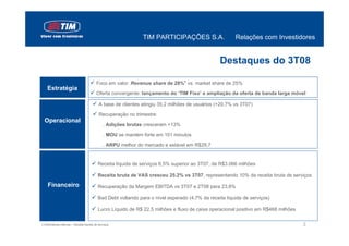 TIM PARTICIPAÇÕES S.A.                   Relações com Investidores


                                                                                                  Destaques do 3T08

                                           Foco em valor: Revenue share de 28%1 vs. market share de 25%
    Estratégia
                                           Oferta convergente: lançamento do ‘TIM Fixo’ e ampliação da oferta de banda larga móvel

                                             A base de clientes atingiu 35,2 milhões de usuários (+20,7% vs 3T07)

                                             Recuperação no trimestre:
  Operacional
                                                . Adições brutas cresceram +13%

                                                . MOU se mantém forte em 101 minutos

                                                . ARPU melhor do mercado e estável em R$29,7


                                            Receita líquida de serviços 6,5% superior ao 3T07, de R$3.066 milhões

                                            Receita bruta de VAS cresceu 25.2% vs 3T07, representando 10% da receita bruta de serviços

     Financeiro                             Recuperação da Margem EBITDA vs 3T07 e 2T08 para 23,8%

                                            Bad Debt voltando para o nível esperado (4,7% da receita líquida de serviços)

                                            Lucro Líquido de R$ 22,5 milhões e fluxo de caixa operacional positivo em R$468 milhões


1) Estimativas internas – Receita líquida de serviços                                                                                 3
 