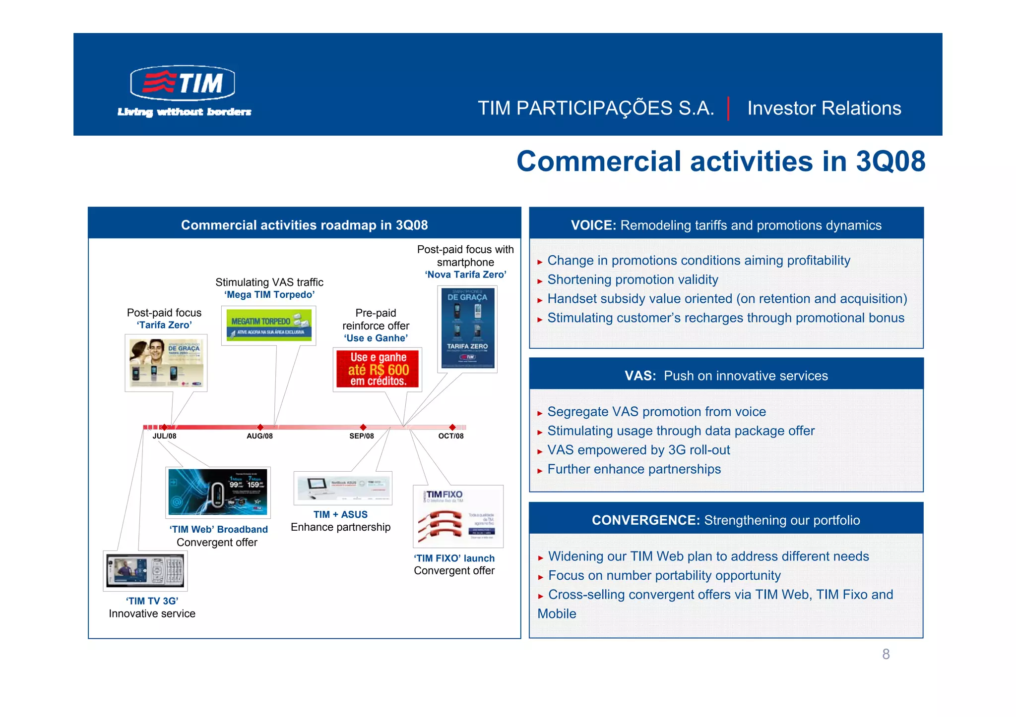 TIM PARTICIPAÇÕES S.A.                       Investor Relations

                                                                                            Commercial activities in 3Q08

                  Commercial activities roadmap in 3Q08                                           VOICE: Remodeling tariffs and promotions dynamics
                                                                     Post-paid focus with
                                                                        smartphone           ► Change in promotions conditions aiming profitability
                                                                       ‘Nova Tarifa Zero’
                         Stimulating VAS traffic                                             ► Shortening promotion validity
                           ‘Mega TIM Torpedo’
                                                                                             ► Handset subsidy value oriented (on retention and acquisition)
   Post-paid focus                                    Pre-paid
                                                                                             ► Stimulating customer’s recharges through promotional bonus
     ‘Tarifa Zero’                                 reinforce offer
                                                   ‘Use e Ganhe’



                                                                                                           VAS: Push on innovative services

                                                                                             ► Segregate VAS promotion from voice
         JUL/08                AUG/08               SEP/08                OCT/08             ► Stimulating usage through data package offer

                                                                                             ► VAS empowered by 3G roll-out

                                                                                             ► Further enhance partnerships




                                             TIM + ASUS
                                         Enhance partnership
                                                                                                      CONVERGENCE: Strengthening our portfolio
             ‘TIM Web’ Broadband
                  Convergent offer
                                                                     ‘TIM FIXO’ launch       ► Widening our TIM Web plan to address different needs
                                                                     Convergent offer
                                                                                             ► Focus on number portability opportunity

                                                                                             ► Cross-selling convergent offers via TIM Web, TIM Fixo and
   ‘TIM TV 3G’
Innovative service                                                                           Mobile


                                                                                                                                                       8
 