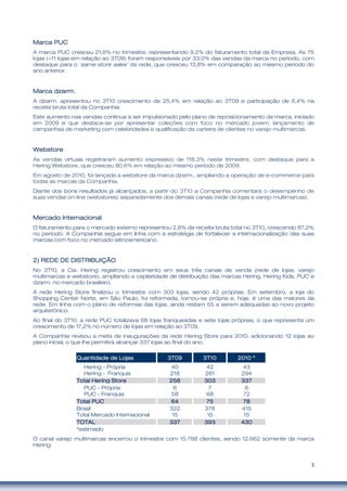 3
Marca PUCMarca PUCMarca PUCMarca PUC
A marca PUC cresceu 21,6% no trimestre, representando 9,2% do faturamento total da Empresa. As 75
lojas (+11 lojas em relação ao 3T09) foram responsáveis por 33,0% das vendas da marca no período, com
destaque para o ‘same store sales’ da rede, que cresceu 13,8% em comparação ao mesmo período do
ano anterior.
Marca dzarm.Marca dzarm.Marca dzarm.Marca dzarm.
A dzarm. apresentou no 3T10 crescimento de 25,4% em relação ao 3T09 e participação de 6,4% na
receita bruta total da Companhia.
Este aumento nas vendas continua a ser impulsionado pelo plano de reposicionamento da marca, iniciado
em 2009 e que destaca-se por apresentar coleções com foco no mercado jovem, lançamento de
campanhas de marketing com celebridades e qualificação da carteira de clientes no varejo multimarcas.
WebstoreWebstoreWebstoreWebstore
As vendas virtuais registraram aumento expressivo de 118,3% neste trimestre, com destaque para a
Hering Webstore, que cresceu 80,6% em relação ao mesmo período de 2009.
Em agosto de 2010, foi lançada a webstore da marca dzarm., ampliando a operação de e-commerce para
todas as marcas da Companhia.
Diante dos bons resultados já alcançados, a partir do 3T10 a Companhia comentará o desempenho de
suas vendas on-line (webstores) separadamente dos demais canais (rede de lojas e varejo multimarcas).
MercadoMercadoMercadoMercado InternacionalInternacionalInternacionalInternacional
O faturamento para o mercado externo representou 2,6% da receita bruta total no 3T10, crescendo 87,2%
no período. A Companhia segue em linha com a estratégia de fortalecer a internacionalização das suas
marcas com foco no mercado latinoamericano.
2)2)2)2) REDE DE DISTRIBUREDE DE DISTRIBUREDE DE DISTRIBUREDE DE DISTRIBUIÇÃOIÇÃOIÇÃOIÇÃO
No 3T10, a Cia. Hering registrou crescimento em seus três canais de venda (rede de lojas, varejo
multimarcas e webstore), ampliando a capilaridade de distribuição das marcas Hering, Hering Kids, PUC e
dzarm. no mercado brasileiro.
A rede Hering Store finalizou o trimestre com 303 lojas, sendo 42 próprias. Em setembro, a loja do
Shopping Center Norte, em São Paulo, foi reformada, tornou-se própria e, hoje, é uma das maiores da
rede. Em linha com o plano de reformas das lojas, ainda restam 55 a serem adequadas ao novo projeto
arquitetônico.
Ao final do 3T10, a rede PUC totalizava 68 lojas franqueadas e sete lojas próprias, o que representa um
crescimento de 17,2% no número de lojas em relação ao 3T09.
A Companhia revisou a meta de inaugurações da rede Hering Store para 2010, adicionando 12 lojas ao
plano inicial, o que lhe permitirá alcançar 337 lojas ao final do ano.
O canal varejo multimarcas encerrou o trimestre com 15.798 clientes, sendo 12.662 somente da marca
Hering.
Quantidade de LojasQuantidade de LojasQuantidade de LojasQuantidade de Lojas 3T093T093T093T09 3T103T103T103T10 2010 *2010 *2010 *2010 *
Hering - Própria 40 42 43
Hering - Franquia 218 261 294
Total Hering StoreTotal Hering StoreTotal Hering StoreTotal Hering Store 258258258258 303303303303 337337337337
PUC - Própria 6 7 6
PUC - Franquia 58 68 72
Total PUCTotal PUCTotal PUCTotal PUC 64646464 75757575 78787878
Brasil 322 378 415
Total Mercado Internacional 15 15 15
TOTALTOTALTOTALTOTAL 337337337337 393393393393 430430430430
*estimado
 