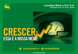 Localiza Rent a Car S.A.
                               Resultados 3T10 - R$ milhões, USGAAP




crescimento e             rentabilidade
       15 de outubro de 2010                                          1
 