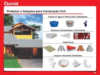 Produtos e Soluções para Construção Civil
                            Caixas d’ água e Filtros para Tubulações




                              Sistemas Construtivos e Acessórios




                                          Coberturas




                                 Louças e Assentos Sanitários




                                                                       14
 