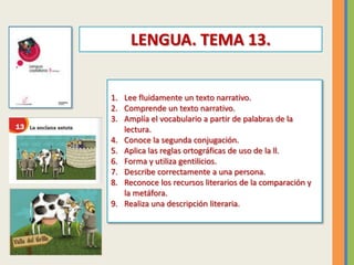 1. Lee fluidamente un texto narrativo.
2. Comprende un texto narrativo.
3. Amplía el vocabulario a partir de palabras de l...
