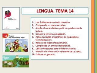 1. Lee fluidamente un texto narrativo.
2. Comprende un texto narrativo.
3. Amplía el vocabulario a partir de palabras de l...