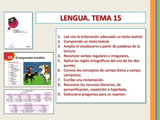 1. Lee con la entonación adecuada un texto teatral.
2. Comprende un texto teatral.
3. Amplía el vocabulario a partir de pa...