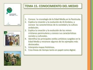 TEMA 15. CONOCIMIENTO DEL MEDIO
1. Conoce la cronología de la Edad Media en la Península.
2. Explica la creación y la evol...