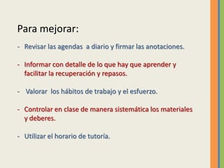 Para mejorar:
- Revisar las agendas a diario y firmar las anotaciones.
- Informar con detalle de lo que hay que aprender y...
