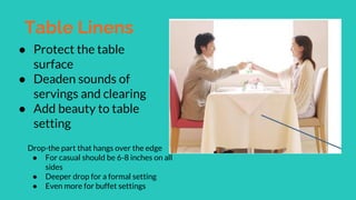 Table Linens
● Protect the table
surface
● Deaden sounds of
servings and clearing
● Add beauty to table
setting
Drop-the part that hangs over the edge
● For casual should be 6-8 inches on all
sides
● Deeper drop for a formal setting
● Even more for buffet settings
 
