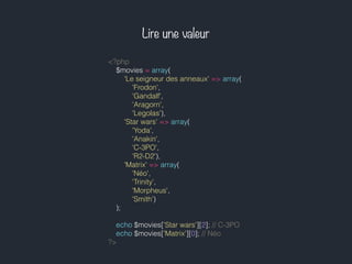 Lire une valeur
<?php
$movies = array(
'Le seigneur des anneaux' => array(
'Frodon',
'Gandalf',
'Aragorn',
'Legolas'),
'Star wars' => array(
'Yoda',
'Anakin',
'C-3PO',
'R2-D2'),
'Matrix' => array(
'Néo',
'Trinity',
'Morpheus',
'Smith')
);
echo $movies['Star wars'][2]; // C-3PO
echo $movies['Matrix'][0]; // Néo
?>
 
