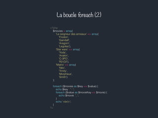 La boucle foreach (2)
<?php
$movies = array(
'Le seigneur des anneaux' => array(
'Frodon',
'Gandalf',
'Aragorn',
'Legolas'),
'Star wars' => array(
'Yoda',
'Anakin',
'C-3PO',
'R2-D2'),
'Matrix' => array(
'Néo',
'Trinity',
'Morpheus',
'Smith')
);
foreach ($movies as $key => $value) {
echo $key . ' : ';
foreach ($value as $movieKey => $movie) {
echo $movie. ', ';
}
echo '<br/>';
}
?>
 