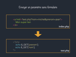 Envoyer un paramètre sans formulaire
<a href="test.php?nom=michel&prenom=jean">
Mon super lien
</a>
index.php
test.php
<?php
echo $_GET['prenom'];
echo $_GET['nom'];
?>
 
