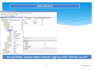 VERİ GİRİLMESİ




Veri girilmesi istenen tablo üstünde ‘sağ tuş+EDİT TOP200 record’

                                7                          selcuktufekci.com
 