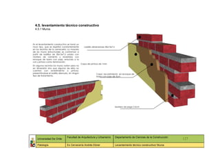 4.5. levantamiento técnico constructivo
  4.5.1 Muros




En el levantamiento constructivo se tomó un
muro tipo, que se repetirá constantemente         Ladrillo dimensiones 30x15x7.5
en los recintos de la cervecería. La mayoría
de los muros estructurales se conforman a
partir de ladrillos de 30x15x7.5 unidos con
mortero de cemento y revestidos con
revoque de barro con paja, enlucido a la
cal y pintura como terminación.
                                                Capa de pintura de 1mm
En algunos recintos los muros varían pero no
en dimensión sino que algunos de ellos no
cuentan con revestimiento o pintura,
presentándose el ladrillo desnudo, sin ningún                 Capa recubrimiento en revoque de
tipo de tratamiento.                                          barro con paja de 3cm




                                                                                   Mortero de pega 3.5cm




                                 Facultad de Arquitectura y Urbanismo              Departamento de Ciencias de la Construcción
    Universidad De Chile                                                                                                         127
    Patología                    Ex Cervecería Andrés Ebner                        Levantamiento técnico constructivo/ Muros
 