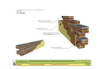 4. Levantamientos de Información _ 4.5 Levantamiento técnico
constructivo

 4.5.1 Muro tipo




                                             Ladrillo dimensiones 30x15x7.5




                                         Capa de pintura de 1mm



                                                         Capa recubrimiento en revoque de
                                                         barro con paja de 3cm




                                                                              Mortero de pega 3.5cm




                            Facultad de Arquitectura y Urbanismo              Departamento de Ciencias de la Construcción
Universidad De Chile                                                                                                        136
                                                                                                                                  FICHA
Patología                   Ex Cervecería Andrés Ebner                        Levantamiento técnico constructivo/ muros
                                                                                                                                   1
 
