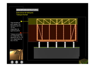 DESCRIPCIÓN ESTRUCTURAL
         Planta de fundaciones
         Estructura de tabiques
         Tabique frontal



Viga armada en
pino radiata. Pie
derechos de 45 x
75 mm,
diagonales de
igual escuadría.

Tabique arriostrado
con diagonales. Pie
derechos de 75 x 75
mm, diagonales de
45 x 75 mm.




 Menú   inicio      salir
 