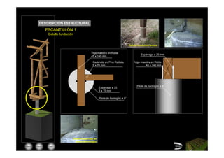 DESCRIPCIÓN ESTRUCTURAL
                ESCANTILLÓN 1
                 Detalle fundación


                                                                                      Detalle fundación terraza


                                                    Viga maestra en Roble
                                                                                                Espárrago ø 20 mm
                                                    45 x 140 mm

                                                     Cadeneta en Pino Radiata             Viga maestra en Roble
                                                     5 x 70 mm                                    45 x 140 mm




                                                                                            Pilote de hormigón ø 8”
                                                            Espárrago ø 20
                                                            5 x 70 mm

                                                            Pilote de hormigón ø 8”




                                     Detalle espárrago en
                                       pilote dehormigón
Menú   inicio    salir                                                                                                Volver
 
