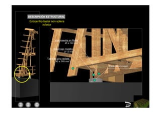 DESCRIPCIÓN ESTRUCTURAL
            Encuentro tijeral con solera
                     inferior




                                 Viga maestra en Roble
                                         45 x 140 mm

                                Espárrago metálico
                                         ø 12 mm


                          Tijeral en pino radiata
                                   45 x 140 mm

                                                         Pilote de hormigón




Menú   inicio   salir                                                    Volver
 
