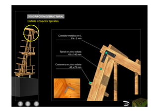 DESCRIPCIÓN ESTRUCTURAL
         Detalle conector tijerales




                                  Conector metálico en L
                                             Fe - 3 mm




                                      Tijeral en pino radiata
                                               45 x 140 mm



                                Costanera en pino radiata
                                             45 x 75 mm




Menú   inicio   salir                                           Volver
 