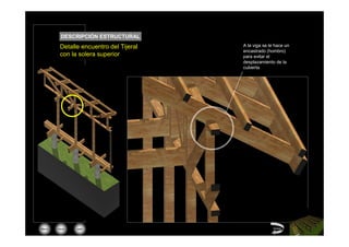 DESCRIPCIÓN ESTRUCTURAL
        Detalle encuentro del Tijeral   A la viga se le hace un
                                        encastrado (hombro)
        con la solera superior          para evitar el
                                        desplazamiento de la
                                        cubierta




Menú   inicio   salir                                 Volver
 