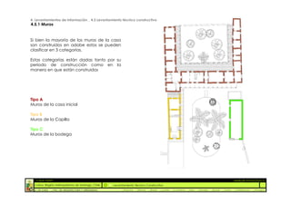 4. Levantamientos de Información _ 4.5 Levantamiento técnico constructivo
4.5.1 Muros


Si bien la mayoría de los muros de la casa
son construidos en adobe estos se pueden
clasificar en 3 categorías.

Estas categorías están dadas tanto por su
periodo de construcción como en la
manera en que están construidos




Tipo A
Muros de la casa inicial

Tipo B
Muros de la Capilla

Tipo C
Muros de la bodega




  :: CASA FONTT                                                                                                                                          ::ANÁLISIS PATOLÓGICO
  Colina, Región metropolitana de Santiago, Chile    Levantamiento Técnico Constructivo
  U. DE CHILE   _ FAC. DE ARQUITECTURA Y URBANISMO        _Alquinta   _Belmar   _Brady   _Castillo   _Contreras   _Jara   _Morales   _Rossel   _Torres    _Valderrama   _Venegas
 