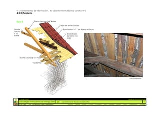 4. Levantamientos de Información _ 4.5 Levantamiento técnico constructivo
  4.5.2 Cubierta


  Tipo B                   Pierna cercha 6''x6'' Roble

                                                         Tejas de arcilla cocida

Tirante                                                     Entablado 6’’x1’’ de Alamo en bruto
cercha
6''x2''                                                         Ensordinado
Roble                                                           de barro con
                                                                paja




      Tirante cercha 6''x6'' Roble

                         Escalerilla




                                                                                                                                                                 Foto Entablado




    :: CASA FONTT                                                                                                                                              ::ANÁLISIS PATOLÓGICO
     Colina, Región metropolitana de Santiago, Chile       Levantamiento Técnico Constructivo
     U. DE CHILE   _ FAC. DE ARQUITECTURA Y URBANISMO           _Alquinta   _Belmar   _Brady   _Castillo   _Contreras   _Jara   _Morales   _Rossel   _Torres    _Valderrama   _Venegas
 