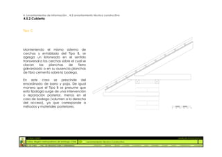 4. Levantamientos de Información _ 4.5 Levantamiento técnico constructivo
4.5.2 Cubierta


Tipo C




Manteniendo el mismo sistema de
cerchas y entablado del Tipo B, se
agrega un listoneado en el sentido
transversal a las cerchas sobre el cual se
clavan     las    planchas    de     fierro
galvanizado o en su ausencia planchas
de fibro cemento sobre la bodega.

En este caso se prescinde del
ensordinado de barro y paja. De igual
manera que el Tipo B se presume que
esta tipología surge de una intervención
o reparación posterior, menos en el
caso de bodega (volumen a la derecha
del acceso), ya que corresponde a
métodos y materiales posteriores.




  :: CASA FONTT                                                                                                                                          ::ANÁLISIS PATOLÓGICO
  Colina, Región metropolitana de Santiago, Chile    Levantamiento Técnico Constructivo
  U. DE CHILE   _ FAC. DE ARQUITECTURA Y URBANISMO        _Alquinta   _Belmar   _Brady   _Castillo   _Contreras   _Jara   _Morales   _Rossel   _Torres    _Valderrama   _Venegas
 