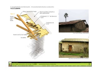 4. Levantamientos de Información _ 4.5 Levantamiento técnico constructivo
4.5.2 Cubierta

                            Pierna cercha 6''x6'' Roble    Plancha de fibro-cemento o
                                                           fierro galbanizado
Tipo C
Tirante                                                      Entablado 6’’x1’’ de Alamo en
cercha                                                       bruto
6''x2''
Roble

                                                                           Costaneras de
                                                                           2’’x2’’




                                                                                                                                            Foto Techo de Fierro Galvanizado
      Tirante cercha 6''x6'' Roble

                        Escalerilla




                                                                                                                                 Foto Techo de Planchas de Fibro Cemento



  :: CASA FONTT                                                                                                                                                ::ANÁLISIS PATOLÓGICO
   Colina, Región metropolitana de Santiago, Chile        Levantamiento Técnico Constructivo
   U. DE CHILE   _ FAC. DE ARQUITECTURA Y URBANISMO            _Alquinta    _Belmar   _Brady   _Castillo   _Contreras   _Jara   _Morales   _Rossel   _Torres    _Valderrama   _Venegas
 