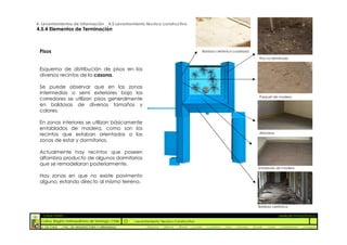 4. Levantamientos de Información _ 4.5 Levantamiento técnico constructivo
4.5.4 Elementos de Terminación



 Pisos                                                                                           Baldosa cerámica cuadrada

                                                                                                                                          Piso no terminado


 Esquema de distribución de pisos en los
 diversos recintos de la casona.

 Se puede observar que en las zonas
 intermedias o semi exteriores bajo los
                                                                                                                                          Parquet de madera
 corredores se utilizan pisos generalmente
 en baldosas de diversos tamaños y
 colores.

 En zonas interiores se utilizan básicamente
 entablados de madera, como son los
 recintos que estaban orientados a las                                                                                                    Alfombra

 zonas de estar y dormitorios.

 Actualmente hay recintos que poseen
 alfombra producto de algunos dormitorios
 que se remodelaron posteriormente.
                                                                                                                                         Entablado de madera

 Hay zonas en que no existe pavimento
 alguno, estando directo al mismo terreno.



                                                                                                                                         Baldosa cerámica

  :: CASA FONTT                                                                                                                                          ::ANÁLISIS PATOLÓGICO
  Colina, Región metropolitana de Santiago, Chile    Levantamiento Técnico Constructivo
  U. DE CHILE   _ FAC. DE ARQUITECTURA Y URBANISMO        _Alquinta   _Belmar   _Brady   _Castillo   _Contreras   _Jara   _Morales   _Rossel   _Torres    _Valderrama   _Venegas
 