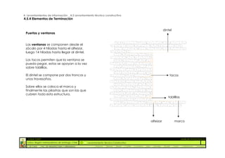 4. Levantamientos de Información _ 4.5 Levantamiento técnico constructivo
4.5.4 Elementos de Terminación


                                                                                                                                      dintel
 Puertas y ventanas


 Las ventanas se componen desde el
 zócalo por 4 hiladas hasta el alfeizar,
 luego 14 hiladas hasta llegar al dintel.

 Los tacos permiten que la ventana se
 pueda pegar, estos se apoyan a la vez
 sobre tablillas.

 El dintel se compone por dos troncos y                                                                                                     tacos
 unos travesaños.

 Sobre ellos se coloca el marco y
 finalmente las pilastras que son las que
 cubren toda esta estructura.
                                                                                                                                           tablillas




                                                                                                                          alfeizar                marco




  :: CASA FONTT                                                                                                                                           ::ANÁLISIS PATOLÓGICO
  Colina, Región metropolitana de Santiago, Chile    Levantamiento Técnico Constructivo
  U. DE CHILE   _ FAC. DE ARQUITECTURA Y URBANISMO        _Alquinta   _Belmar   _Brady   _Castillo   _Contreras   _Jara    _Morales   _Rossel   _Torres    _Valderrama   _Venegas
 