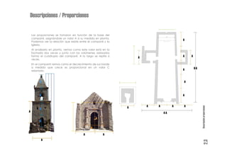 Descripciones / Proporciones

    Las proporciones se tomaron en función de la base del
    campanil, asignándole un valor A a su medida en planta.
                                                                                         A
    Podemos ver la relación que existe entre el campanil y la
    iglesia.
    Al analizarlo en planta, vemos como este valor está en la
    fachada dos veces y junto con los volúmenes adosados
    forma el cuádruplo del campanil. A lo largo se repite 6
                                                                    A                    A   A
    veces.
    En el campanil vemos como el decrecimiento de sus borde
    a medida que crece es proporcional en un valor C                                             6A
    asignado.                                                                            A


          C                                                                              A



          C                                                                              A


                                                                        A   A        A   A




                                                                                                      Descripción proporciones
          C                                                     A
A                                                                               4A
                                                   A
          C

                                               A

                                          A             A
           A




                                                                                                               2.3
 