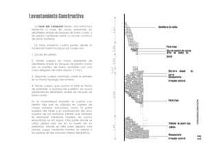 Levantamiento Constructivo
   La torre del campanil tienen una estructura       Albañilería de adobe
 resistente a base de muros resistentes en
 albañilería simple de bloques de barro crudo y
 de piedra canteada sobre un zócalo continuo
 de dicho material.

   La torre presenta cuatro partes desde la
 fundación hasta la cúpula los cuales son:
                                                             Piedra laja
                                                             Viga de madera de cactus
                                                             Arco de adobe en
 1. Zócalo en piedra
                                                             dintel
 2. Primer cuerpo en muros resistentes de
 albañilería simple en bloques de piedra unidos
 por un mortero de barro, revestido con una
 capa delgada de barro (aprox. 2 cms.)                         Mortero simple            de
 3. Segundo cuerpo montado sobre el primero
                                                               barro
                                                               Mampostería
 en la misma tipología del anterior.
                                                               irregular natural
 4. Tercer cuerpo que corona la torre es forma
 de pirámide, a manera de cubierta, en muros
 resistentes en albañilería simple de bloques de
 barro crudo.

                                                               Piedra laja




                                                                                              Levantamiento Constructivo
 En la materialidad también se cuenta con
 piedra laja que es utilizada en lugares de
 mayor esfuerzo estructural, como la parte
 superior del túnel y la continuación del arco
 superior de las ventanas (dintel) que también
 es reforzado mediante madera de cactus
 empotrada en los muros. Otra parte donde se
 utilizó piedra laja fue en la huella de los                    Peldaño de piedra laja
 peldaños, donde se talló para dejarlas más                     tallada
 planas. Luego mediante mortero se adhirió a
 las piedras de del volumen inferior del edificio.
                                                               Mampostería




                                                                                                        3.6
                                                               irregular natural
 