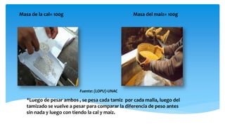Masa de la cal= 100g Masa del maíz= 100g
*Luego de pesar ambos , se pesa cada tamiz por cada malla, luego del
tamizado se vuelve a pesar para comparar la diferencia de peso antes
sin nada y luego con tiendo la cal y maíz.
Fuente: (LOPU)-UNAC
 